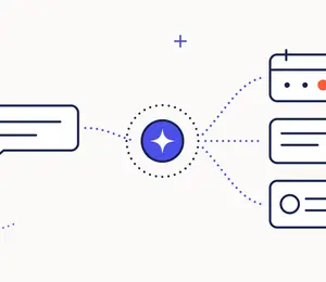 Illustratie van een AI-agent die een vraag ontvangt en zelf stappen uitvoert in een agenda, een document en een CRM.